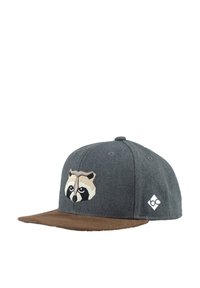 Gray cap with a brown brim, featuring a raccoon face embroidered on the front and a small logo on the side. Made of textured fabric.