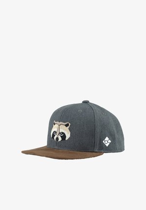 Gray cap with a brown brim, featuring a raccoon face embroidered on the front and a small logo on the side. Made of textured fabric.