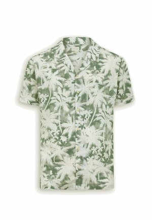Koszula na krótki rękaw z zielonym i białym tropikalnym nadrukiem liści palmowych i kwiatów, kołnierzem rozłożystym oraz sześcioma widocznymi guzikami.