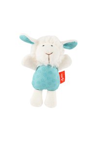 Plush white lamb toy with blue ears and torso featuring swirl patterns, small black eyes, stitched mouth, and red tag on side.