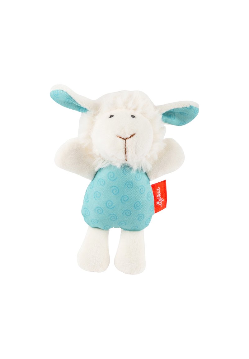 Plush white lamb toy with blue ears and torso featuring swirl patterns, small black eyes, stitched mouth, and red tag on side.