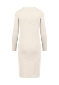 Robe en maille côtelée de couleur beige clair, dotée de manches longues, d'un col rond et d'une silhouette ajustée qui tombe au niveau du mollet.