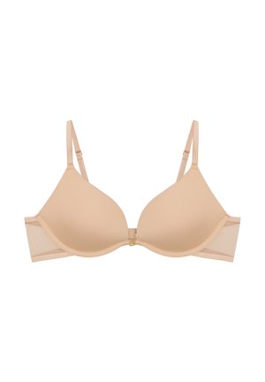 Beige gepolsterter Bh mit verstellbaren Trägern, glatter Textur und einem Netzpaneel auf der Rückseite. Mit einem kleinen goldenen Metallakzent in der Mitte.