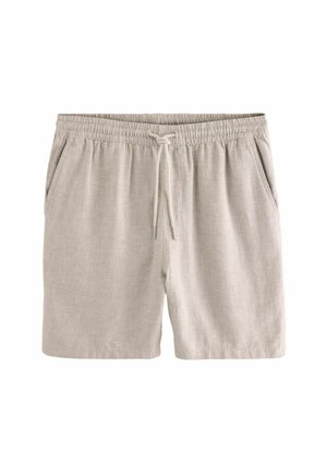 Shorts en lin de couleur beige clair avec une taille élastique et un cordon de serrage, dotés de deux poches latérales et d'une texture lisse.