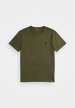 Oliwkowa, o krój crew neck, krótkim rękawie koszulka z małym czarnym haftowanym logo Polo Ralph Lauren na lewej piersi.