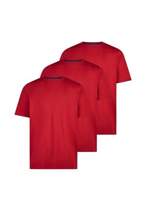 Drei schlichte rote T-Shirts mit Rundhalsausschnitt und kurzen Ärmeln, leicht überlappend gestapelt auf weißem Hintergrund.