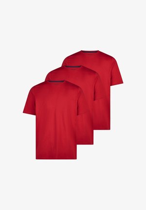 Tre ensfarvede røde t-shirts med rund hals og korte ærmer, stablet med let overlap på hvid baggrund.