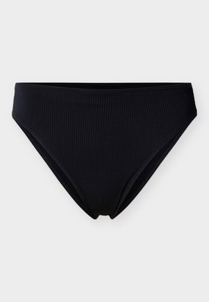 Braguitas de bikini de tela negra acanalada con corte alto en la pierna y cintura elástica, exhibidas sobre un fondo blanco liso.