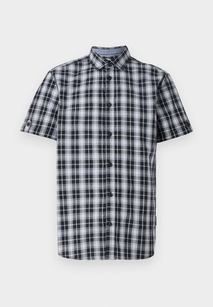 Kortermet skjorte med knapp i svart og hvitt rutemønster, med krage og seks knapper foran. Laget av vevd stoff.