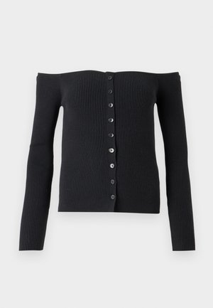 Cardigan nero a coste con scollo a barca, maniche lunghe e chiusura frontale con bottoni. Presenta sei bottoni neri al centro.