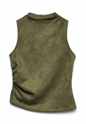 Ermeløs olivengrønn semsket topp med høy hals og glidelåslukking bak, vist fra baksiden.