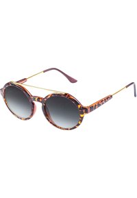 Ochelari de soare rotunzi cu ramă din plastic tip țestoasă, cu lentile gri cu degradeu și accente din metal auriu pe punte și tâmple. Suprafață texturată.