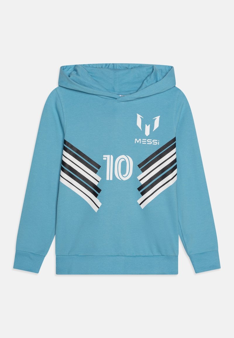 Haut à capuche bleu avec des rayures en chevron noir et blanc, le numéro 10 au centre, et le logo de Messi sur le côté gauche de la poitrine.