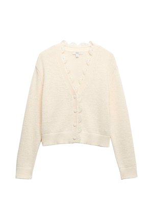 Roomkleurig cropped vest met lange mouwen, knoopsluiting en een geschulpte kanten rand langs de V-hals en de knoopsluiting.