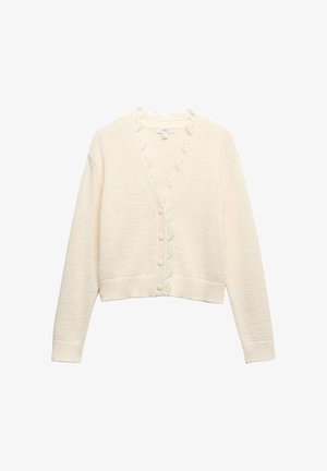 Roomkleurig cropped vest met lange mouwen, knoopsluiting en een geschulpte kanten rand langs de V-hals en de knoopsluiting.