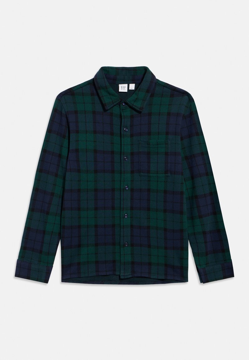 Πουκάμισο με μακριά μανίκια και κουμπιά, με πράσινο και ναυτικό μπλε καρό μοτίβο και μία τσέπη στο στήθος, σε λευκό φόντο.