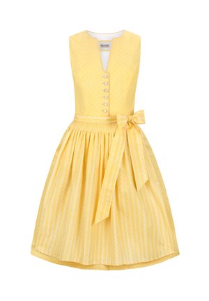 Gelbes Kleid mit V-Ausschnitt, Knöpfen an der Vorderseite, tailliertem Schnitt mit Schleife und einem ausgestellten Rock mit dezenten Streifenmuster.