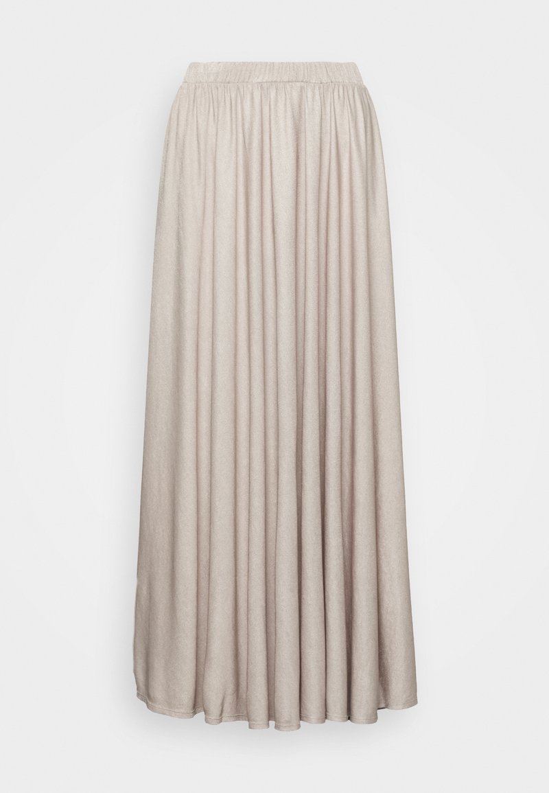 Pleatattu maksihame vaaleassa beige-kankaassa, jossa on joustava vyötärö ja virtaava muotoilu, tarjoten pehmeän rakenteen ja täyden peiton.