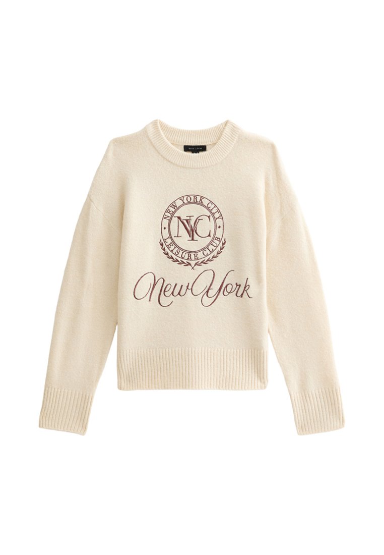 Cremefarbenes Rundhals-Pullover mit langen Ärmeln, gerippten Bündchen und Saum, mit dem Aufdruck "New York City Leisure Club" und "New York" in Braun.