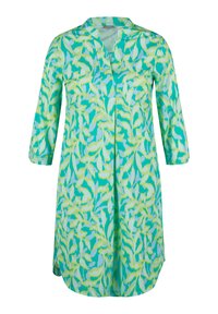 Floral Tunika-Kleid in Grün und Blau mit V-Ausschnitt und Dreiviertelärmeln, das ein Blättermuster und eine lockere Passform aufweist.