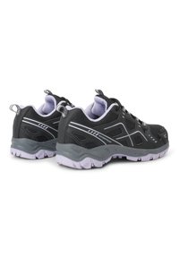 Paire de chaussures de randonnée imperméables noires et grises avec semelles texturées et languettes, vues de l'arrière et de côté.