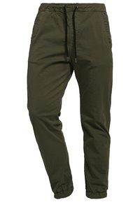 Khaki joggerbroek met verstelbare trekkoordtaille, elastische boorden, zijzakken en een gladde stoftextuur. Eenvoudig, taps toelopend ontwerp.