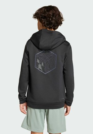 Černá mikina s kapucí se geometrickou grafikou ve tvaru krychle na zádech, vyrobená z hladkého materiálu, s tkanicí na kapuci a žebrovanými manžetami, v kombinaci se světlejším šortkovým oblečením.