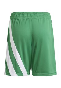 Green sports shorts with elastic waistband and two diagonal white stripes on the left side, shown from the back.