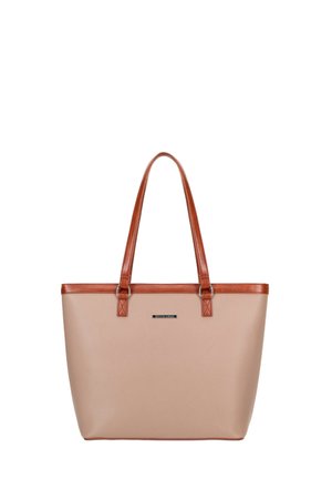 Beige tote bag with smooth texture and brown faux leather accents. Features long straps and a metal logo plate on the front.