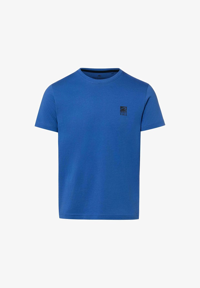 T-shirt bleu à manches courtes avec col rond et petit logo noir "Good Vibes" sur le côté gauche de la poitrine, sur un fond blanc.