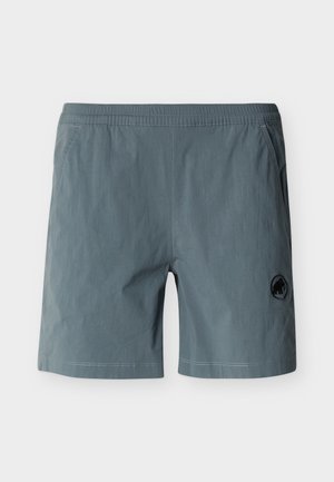 Pantalones cortos grises con cintura elástica, bolsillos laterales y un pequeño logo negro en la parte inferior izquierda.