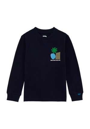 Sudadera de color marino con mangas largas, que presenta un diseño gráfico de una hoja de palma verde, un círculo azul y un cuadrado beige en el pecho. Material de algodón.