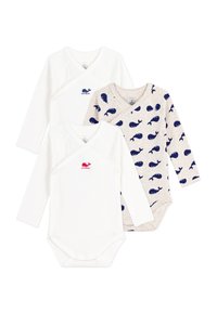 Set od tri dugih bodića za bebe: dva u solidnoj bijeloj boji s crvenim i mornarsko plavim logotipima kitova, i jedan bež s uzorkom plavih kitova. Pamuk.