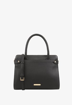 Zwarte leren handtas met twee bovenhandvaten, een afneembare schouderband en details in goudkleurige hardware. Textuur oppervlak met gestructureerde vorm.