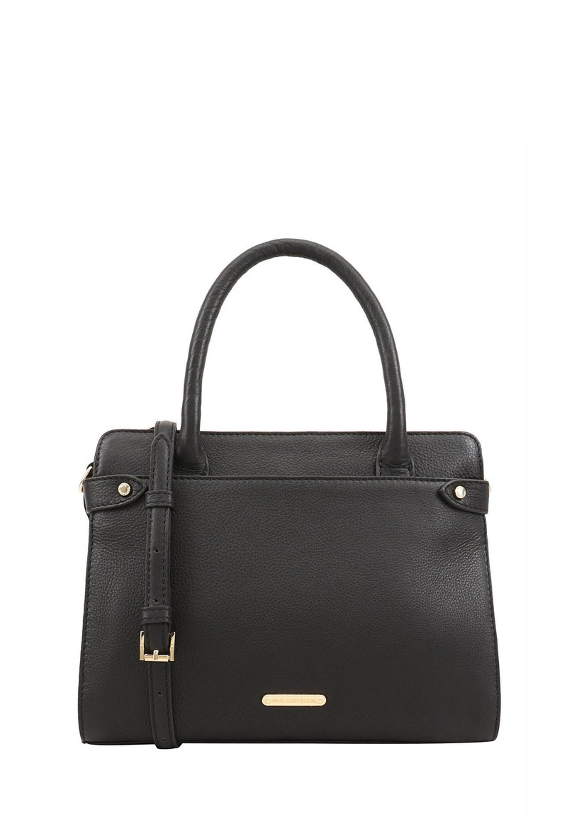 Sac à main en cuir noir avec deux poignées supérieures, une bandoulière amovible et des détails en métal doré. Surface texturée avec une forme structurée.