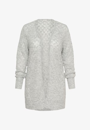 Cardigan a maglia grigia chiara caratterizzato da una vestibilità morbida, apertura frontale e maniche lunghe con polsini arrotolati. Materiale morbido e testurizzato con un delicato motivo.