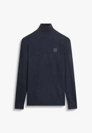 Maglione a collo alto blu navy con maniche lunghe, realizzato in tessuto liscio, caratterizzato da un'etichetta rettangolare del marchio sul lato superiore sinistro.