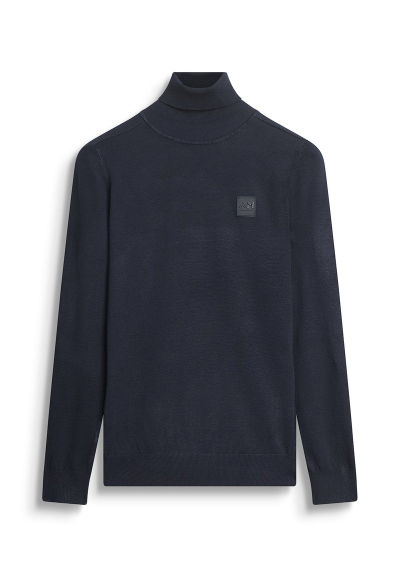 Tamnoplavi pulover s visokim ovratnikom i dugim rukavima, izrađen od glatkog materijala, sa pravokutnom oznakom branda na gornjoj lijevoj strani.