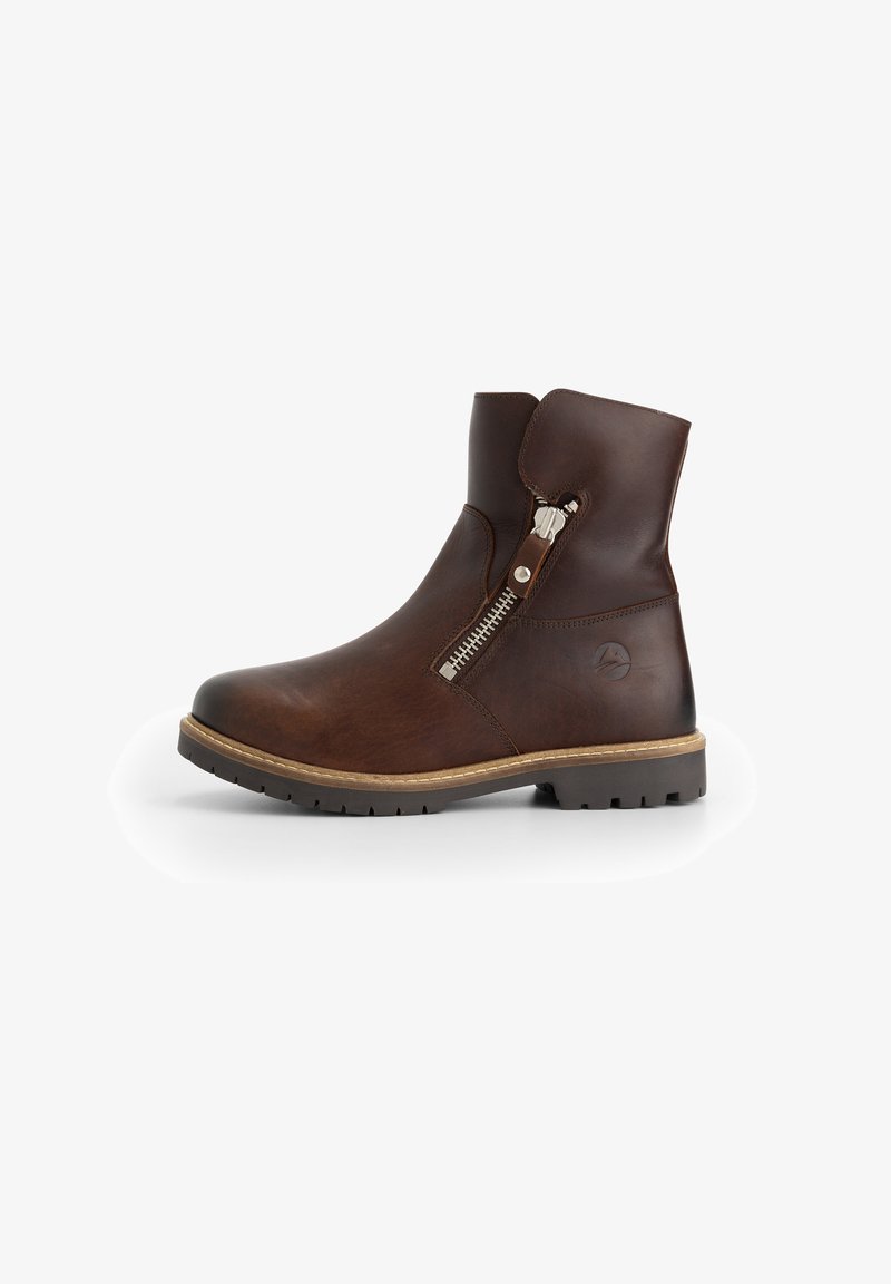 Bruine leren enkelboots met een zijrits, ronde neus en een gestructureerde buitenzool. Kenmerkt zich door een gestikte naden en een logo op de hak.