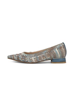 Scarpa piatta con punta a punta e tacco basso a blocco, caratterizzata da tomaia in tessuto intrecciato multicolore nei toni del blu, marrone e beige.