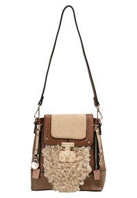 Brown and beige handbag featuring a soft, textured front, gold hardware, zippered side pockets, and an adjustable shoulder strap.