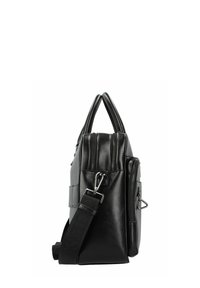 Schwarze Lederhandtasche mit zwei Reißverschlussfächern, kurzen Griffen und verstellbarem Schultergurt, der ein strukturiertes Logo-Design aufweist.