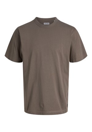 Kurzärmliges T-Shirt in Taupebraun mit Rundhalsausschnitt und kleinem Markenetikett innen am Halsausschnitt.