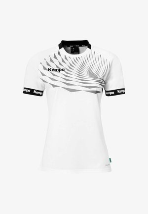 Hvid sports T-shirt med korte ærmer, der har en spiralgrafik i grå og sorte detaljer på kraven og ærmerne, mærket 'Kempa.'