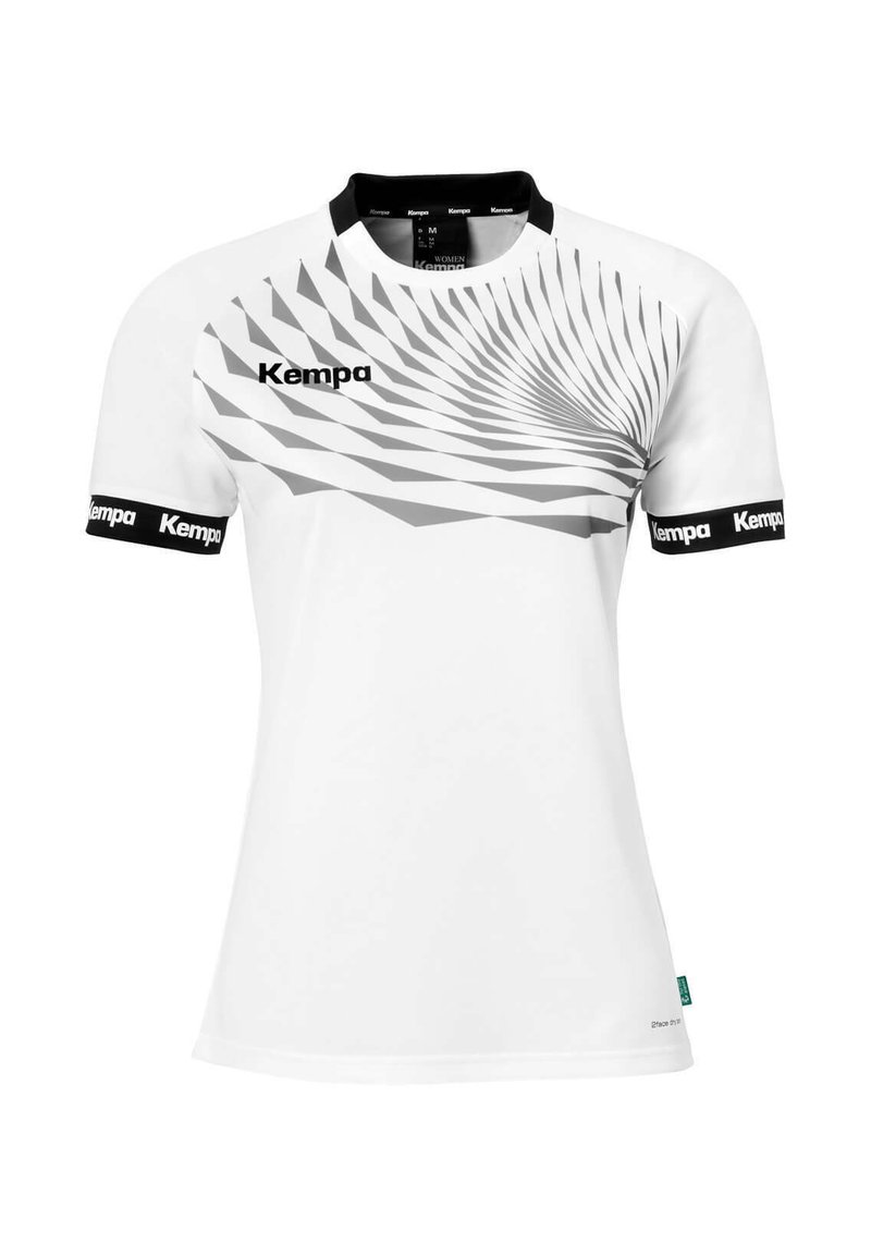 Camisa deportiva blanca de manga corta, con un gráfico en espiral en tonos gris y negro en el cuello y las mangas, de la marca 'Kempa'.