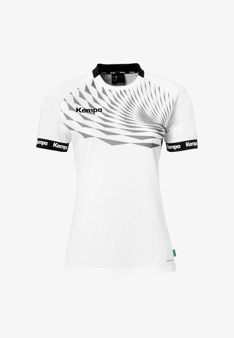 Camisa deportiva blanca de manga corta, con un gráfico en espiral en tonos gris y negro en el cuello y las mangas, de la marca 'Kempa'.
