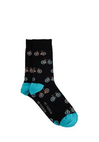 Schwarze Socken mit bunten Fahrradmustern, mit türkisfarbenen Bündchen und Zehenakzenten. Auf der Sohle steht "WE FASHION". Aus Baumwolle.