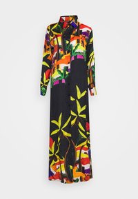 Robe longue boutonnée avec col présentant un motif botanique abstrait et vibrant en noir, jaune, rouge, vert et violet.