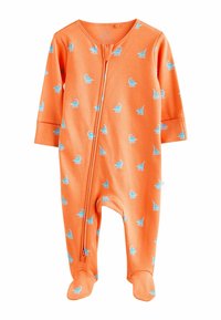 Orange children's onesie made of soft fabric, featuring a front zipper and repeated blue dinosaur patterns. Long sleeves with footed design.