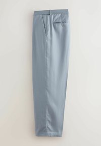 Light blue tailored trousers with waistband, side pockets, and a single buttoned back pocket, laid flat on a plain background.